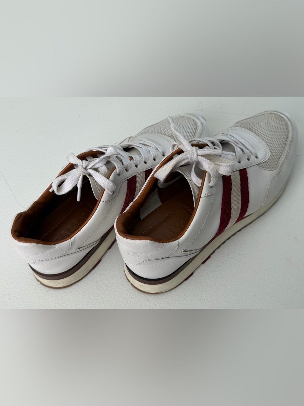 Bally White Leather Men’s Sneakers with Red Stripe